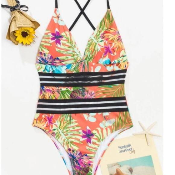 TROPICAL ONE PIECE Bathing Suit Sz L Yellow Mesh Barbiecore Floral GORGEOUS - Picture 6 of 13